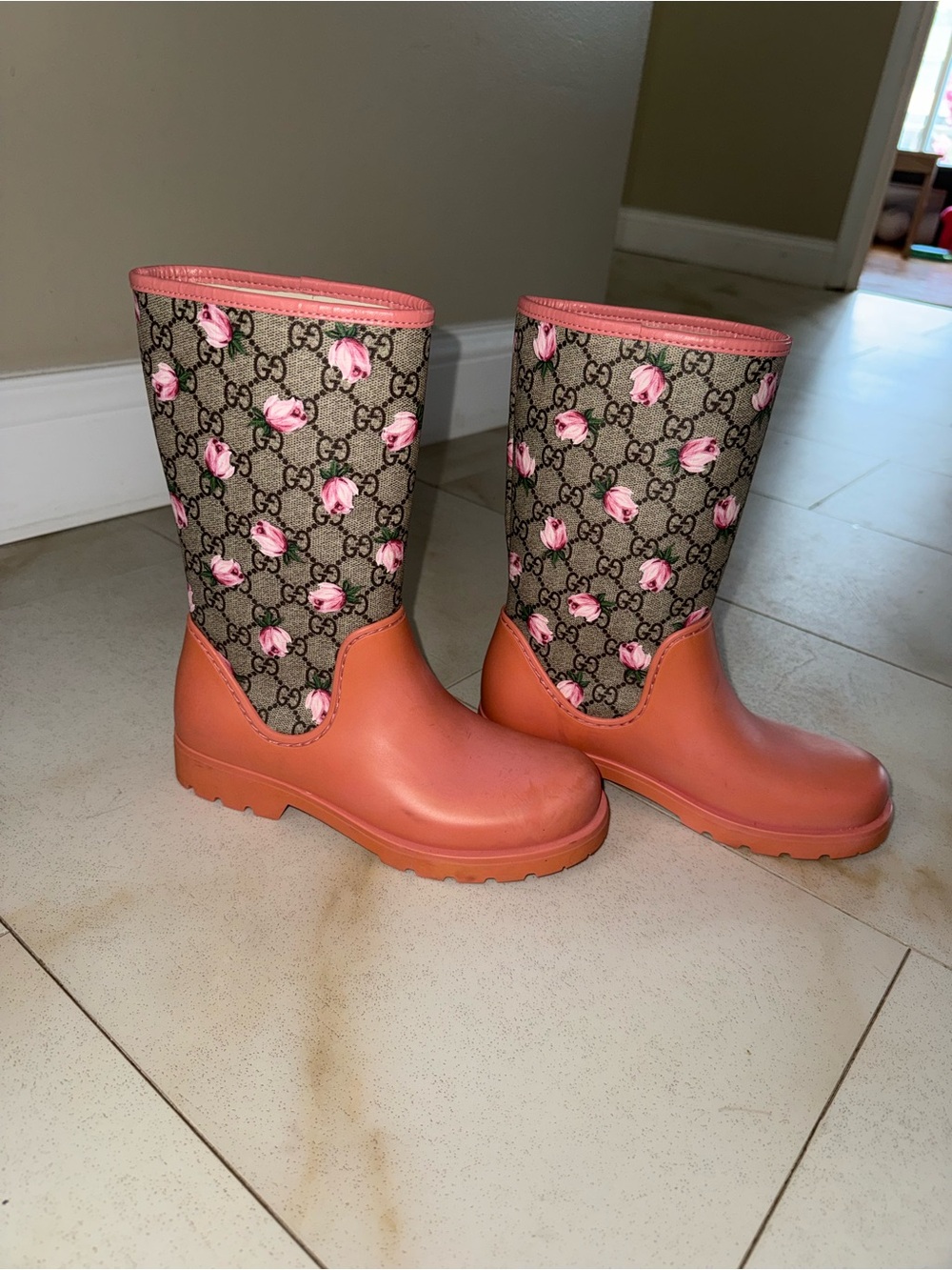 Gucci Coral Rubber & Pink Floral GG Canvas Rain Boots